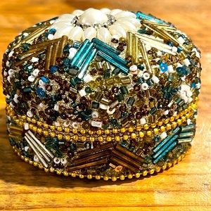 Hand made Vintage Round Domed Beaded Trinket Jewelry Box Metal Teal and Gold